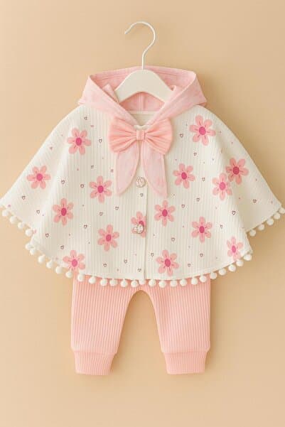 mini kanka Ponpon Detaylı Çiçek Desenli Bebek Panço Takımı Uzun Kollu Badi 0-18 Ay Kız Bebek Takım %100 Pamuk