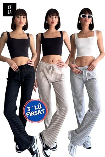 New Now 3' lü PAKET PALAZZO SALAŞ DÖKÜMLÜ FİTİLLİ PANTOLON