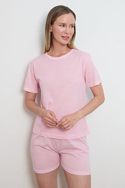 Fullamoda İnce Çizgili Bisiklet Yaka Şortlu Pijama Takımı