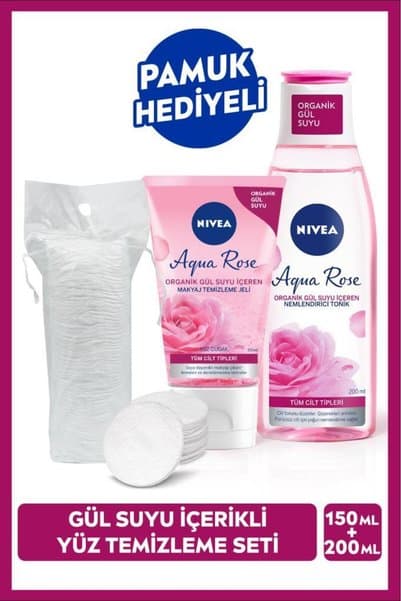 NIVEA Aqua Rose Organik Gül Suyu Makyaj Temizleme Jeli 150ml Ve Nemlendirici Tonik 200ml, Pamuk Hediyeli