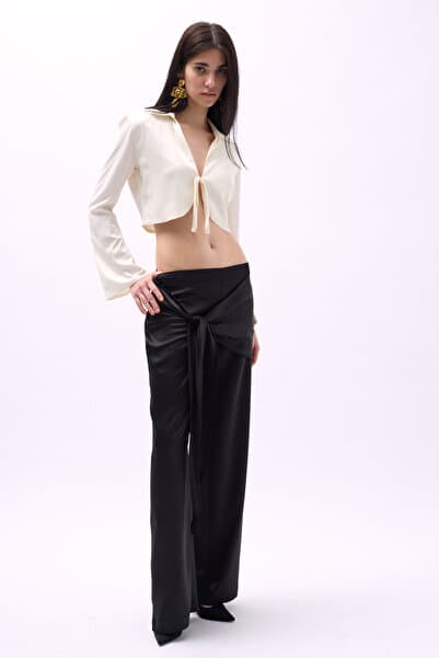 Black Fashion Önden Bağlamalı Siyah Saten Pantolon