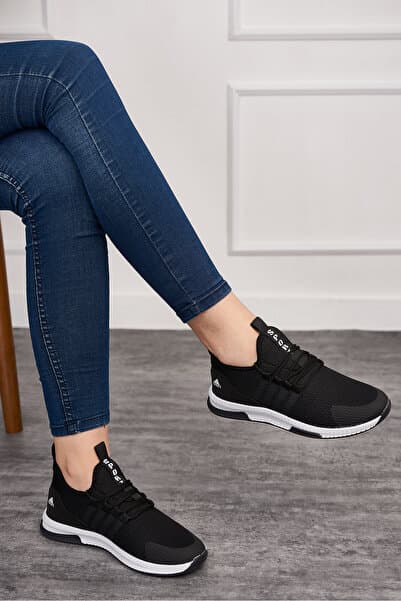 İmerShoes Unisex Siyah Beyaz Nefes Alabilen Triko Sneaker Hafif Bağcıklı Spor Ayakkabı