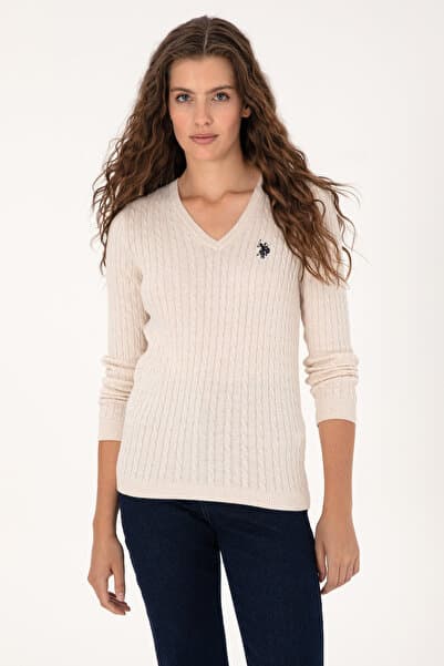 U.S. Polo Assn. Kadın Krem Melanj V Yaka Basic Kazak 50313625-VR159