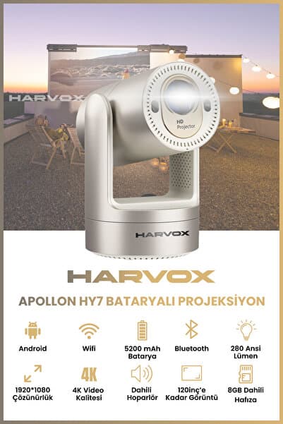 HARVOX Apollon HY7 Bataryalı Projeksiyon Cihazı Taşınabilir 4K Destekli 1080P Android Sistemli Projektör