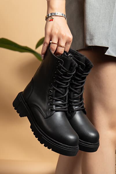 MY GROSS SHOES Kadın Siyah İçi Kürklü Kaymaz Kauçuk Taban Garantili Kışlık Bot