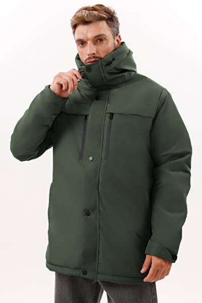 freemen Erkek Haki Polarlı Kürklü Su Ve Rüzgar Geçirmez Kapüşonlu Kışlık Mont & Kaban & Parka