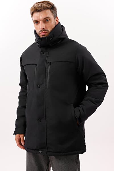 freemen Erkek Siyah Kürklü Su Ve Rüzgar Geçirmez Kapüşonlu Kışlık Mont & Kaban & Parka