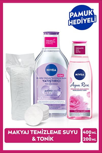 Yatıştırıcı Micellar Makyaj Temizleme Suyu Ve Aqua Rose Tonik 200ml, Pamuk Hediyeli Çeyiz Seti