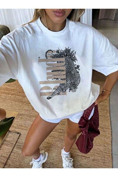 Framgan Unısex Erkek/Kadın LEOPAR Özel Baskılı Oversize Pamuklu Bisiklet Yaka T-Shirt