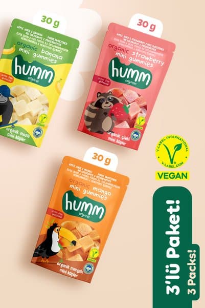 Humm Organic Organik Glutensiz Vegan Muzlu Çilekli ve Mangolu Mini Küpler Atıştırmalık Paketi - 3 adet (3 çeşit)