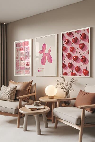 postifull Beyaz Tablo Seti, 3 Adet Beyaz Çerçeveli Poster Preppy Model No:300893, Pembe Duvar Dekoru