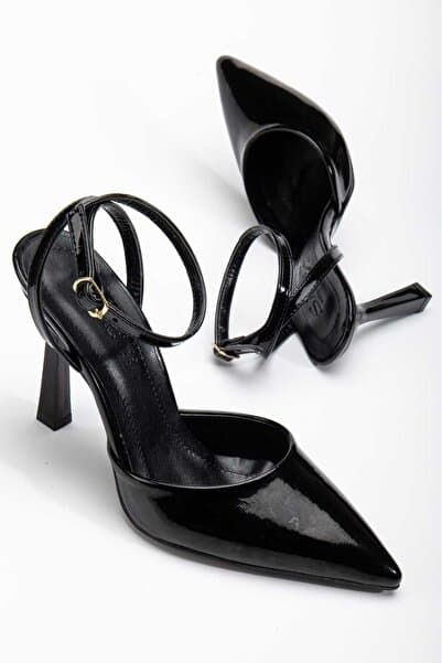 luff shoes Siyah Rugan İnce Topuklu Bilekten Bağlamalı Kadın Ayakkabı