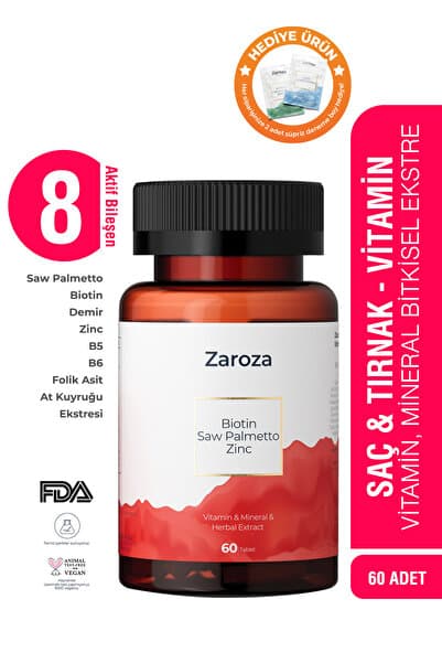 Saç Vitamini Biotin, Çinko, Demir, Saw Palmetto, B5, B6 Vitamin-Mineral-Bitkisel Ekstre