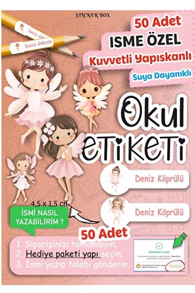 Think And Print Okul Etiketi Kalem Defter isimli Etiket Isim Yazılabilen Kelebek Kız- 50 Adet