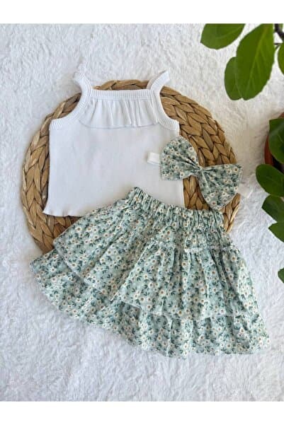 AKİF GİYİM KIZ ÇOCUK FLORAL ÇİÇEK DESENLİ FIRFIRLI ETEK BLUZ BANDANA TAKIMI
