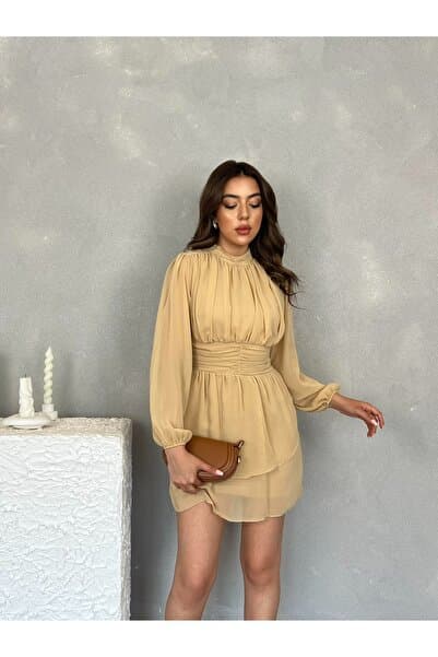 Nesil Korsajı Büzgülü Uzun Kol Mini Şifon Astarlı Elbise