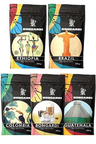 Bongardi Coffee 5'li Dünya Kahveleri Seti 1 KG (5x200g) - Brezilya Kolombiya Etiyopya Çekirdek veya Öğütülmüş