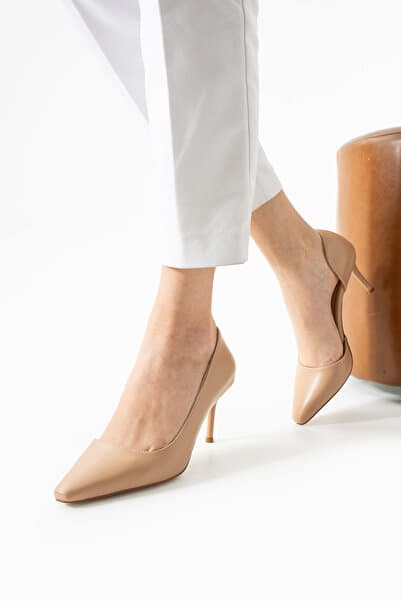Güllü Shoes Şık Mat Bej Vegan Deri Stiletto | 7 cm İnce Topuklu Günlük Rahat Ofis Ayakkabısı Neolit Taban