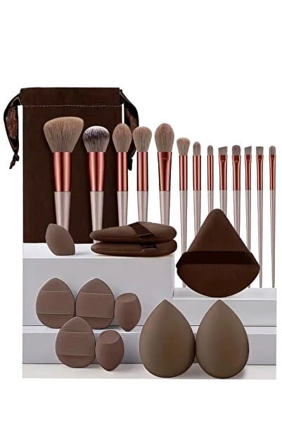 22 Parça Yüksek Kaliteli Fırçalar ve Güzellik Süngerleri Çantalı Fırça Seti