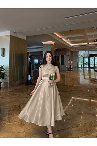 Sheeny Elya Gold Bej Midi Boy Kolsuz Saten Abiye Elbise
