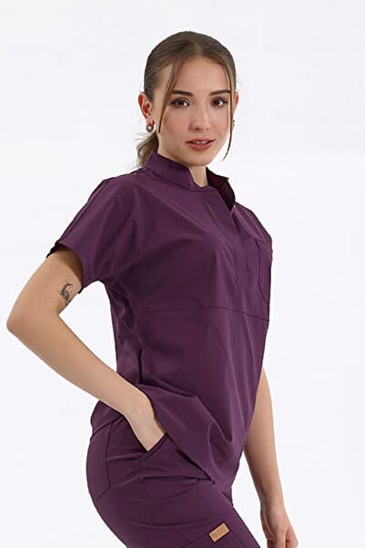 TEK ÜST Çıt Çıtlı Likralı Hakim Yaka Doktor ve Hemşire Cerrahi Forması Mürdüm | BRLSNAPS