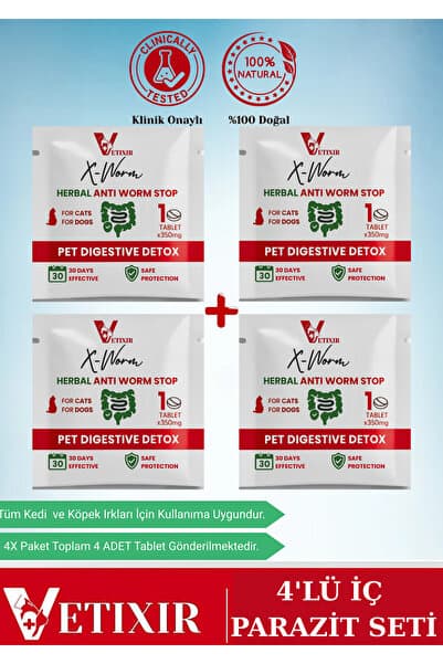 VETIXIR Bitkisel İçerikli Kedi Ve Köpek Parazit Tableti Herbal Anti-worm 4 Adet Tablet