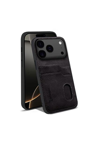 Zebana Apple iPhone 17 Pro Max Uyumlu Kılıf Kartlıklı Lüx Deri Kılıf Siyah