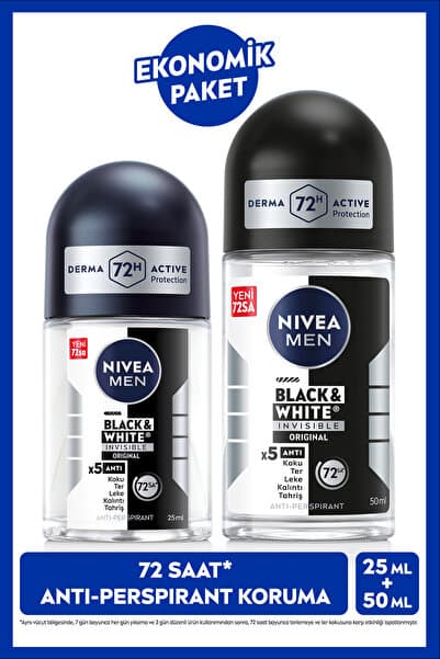 NIVEA MEN Erkek Roll-on Deodorant Black&White Invisible Original 50ml ve Mini Roll-on 25ml, Leke Karşıtı