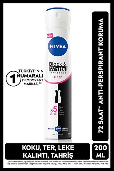 NIVEA Kadın Sprey Deodorant Black&White Invisible Clear 200ml, 72 Saat Ter Koruması, Leke Karşıtı,Alkolsüz