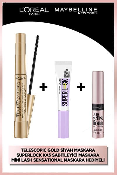L'Oreal Paris Telescopic Gold Maskara & Maybelline Super Lock Kaş Sabitleyici & Lash Sensational Mini Maskara