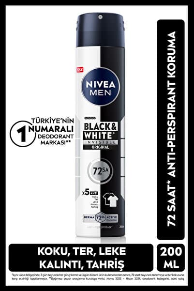 NIVEA MEN Erkek Sprey Deodorant Black&White Original 200ml, 72 Saat Ter Koruması, Leke Karşıtı, Alkolsüz