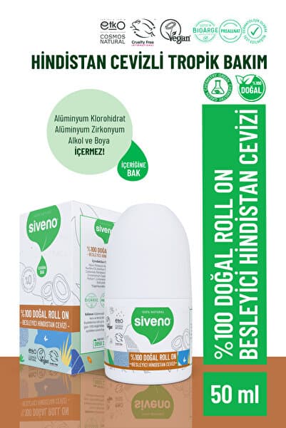 Siveno %100 Doğal Roll-on Hindistan Cevizli Deodorant Ter Kokusu Önleyici Bitkisel Lekesiz Vegan 50 ml