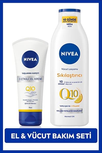 NIVEA Q10 Ve C Vitamini Sıkılaştırıcı Vücut Losyonu 250ml Ve Yaşlanma Karşıtı El Kremi 75ml