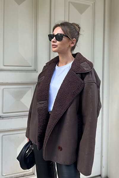 Else Acı Kahve Dokulu Süet Içi Peluşlu Oversize Zr Model Mont Ceket