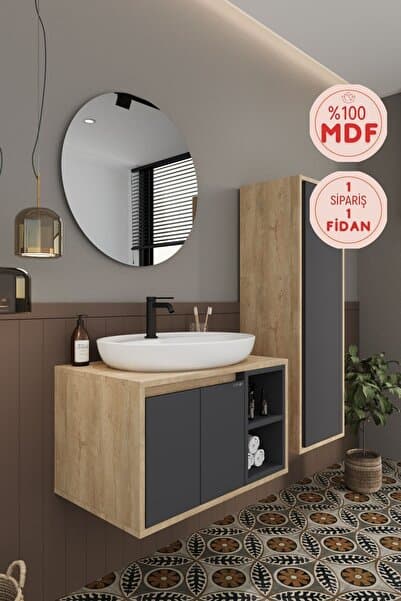 BALNEOM Gül 70 Cm %100 Mdf Lavabolu Banyo Dolabı Ayna Alt Dolap Lavabo Boy Dolabı