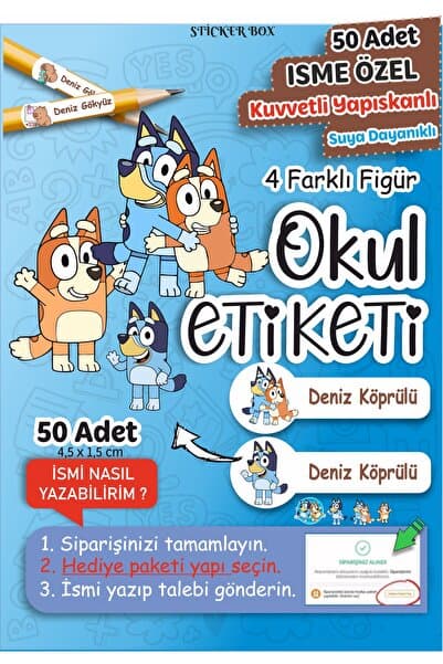 Think And Print Okul Etiketi Kalem Defter isimli Etiket Isim Yazılabilen Bluey Temalı - 50 Adet Özel Okul Öncesi İlkokul