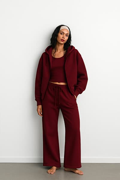 The Champ Clothing İçi Polar Oversize Kesim Kapüşonlu Fermuarlı Bordo Eşofman Takımı