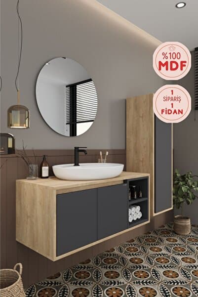 BALNEOM Gül 100 Cm %100 Mdf Lavabolu Banyo Dolabı Ayna Alt Dolap Lavabo Boy Dolabı