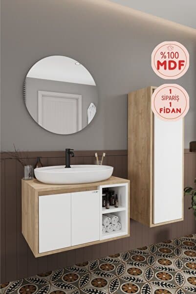 BALNEOM Gül Beyaz 70 Cm Banyo Dolabı Ayna Lavabo Boy Dolabı