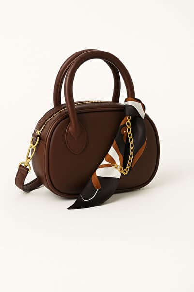 bag&more Koyu Kahve Mini El & Omuz Çantası – Altın Detaylı, Fular Aksesuarlı