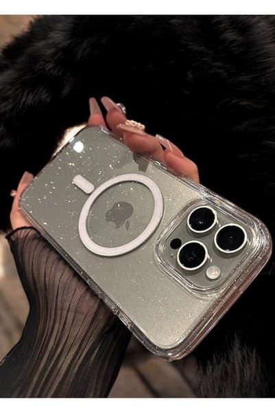 İtarz iPhone 13 Uyumlu Simli Işıltılı Şeffaf MagSafeli Premium Mika Sararmaz Trend Pinterest Kılıf