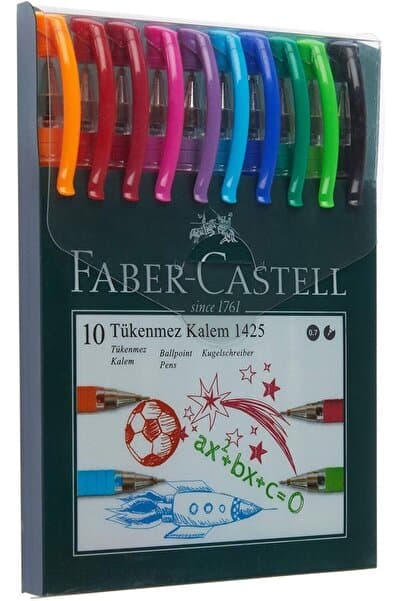 Faber Castell 1425 Tükenmez Kalem Seti, 10 Farklı Renk, Rahat ve Yumuşak Yazım, Ergonomik Tutuş
