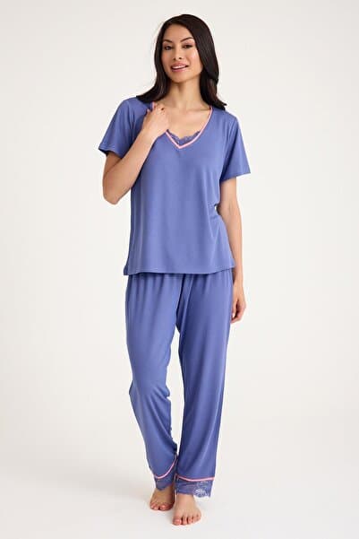 Amarelle Dream Gri Mavi Viskon V Yaka Dantel Detaylı Pijama Takımı
