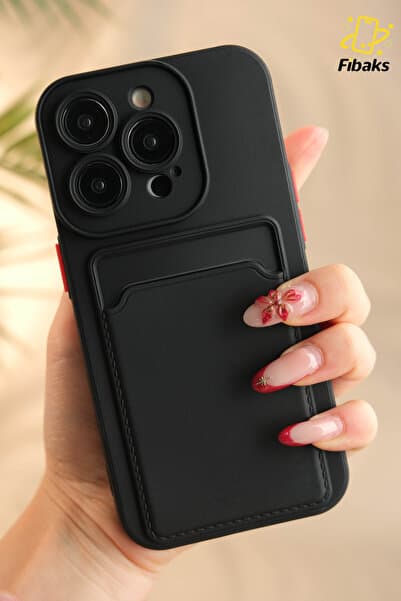Fibaks iPhone 14 Pro Max Kılıf Kamera Korumalı Kartlıklı Cüzdanlı Kırmızı Tuşlu Siyah Silikon Kapak