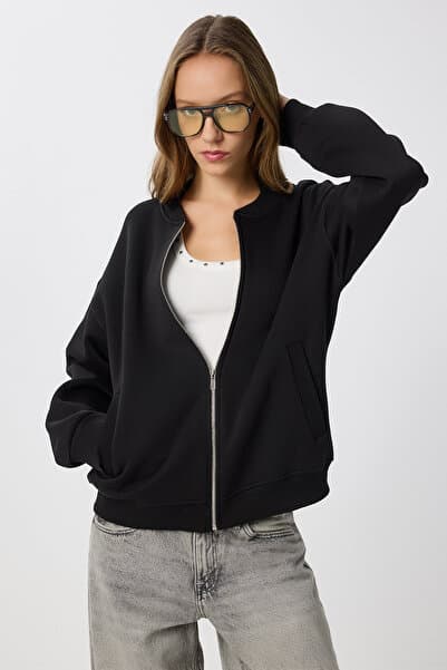 Lovelyİstanbul Fermuarlı Şardonlu Örme Sweatshirt LAN0066 SİYAH