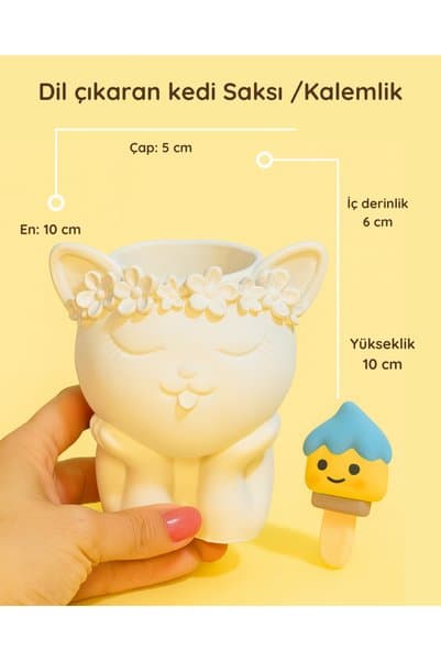 colorbuddie Dil Çıkaran Kedi Saksı / Kalemlik – 10 cm Boyanabilir Güçlendirilmiş Beton Saksı