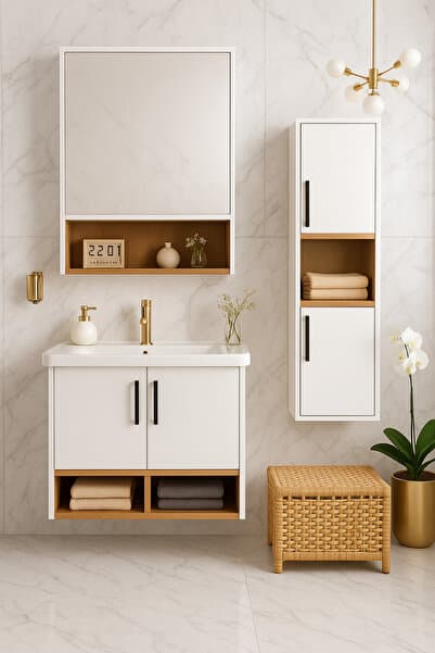 Tasarım DMZ Home Concept Legna 65 cm Banyo Dolabı Seti– Boy Dolaplı – Beyaz & Ahşap – Tamamı MDF – Seramik Lavabolu