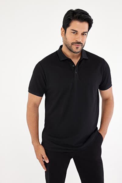 Erkek Çekmeyen Pamuklu Kumaş Slim Fit Dar Kesim Simsiyah Kıvrılmaz Polo Yaka T-shirt