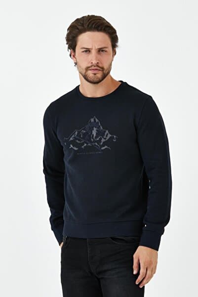 ENQUE Erkek Comfort Baskılı Bisiklet Yaka Basic Lacivert Sweatshirt