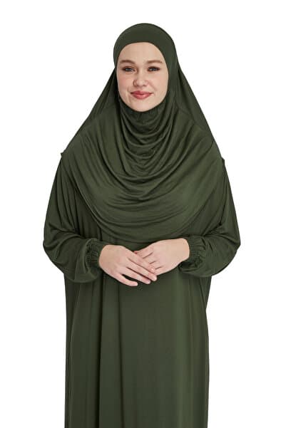 manolyaşal islamic hijab Pratik Başörtülü Rahat Giyilebilen Organik Tek Parça Namaz Elbisesi - Haki